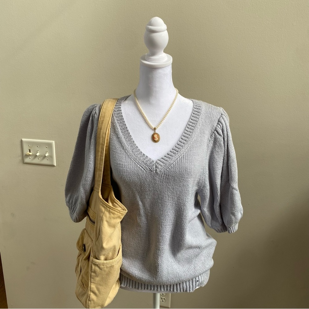 Philosophy Grey Puffed Short Sleeve V-neck Sweater Top Sz M